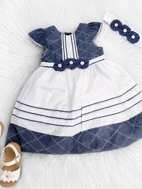 Donita Blue and White Yo Yo Yo Button Suffolk Puffs Sun Dress & Headband